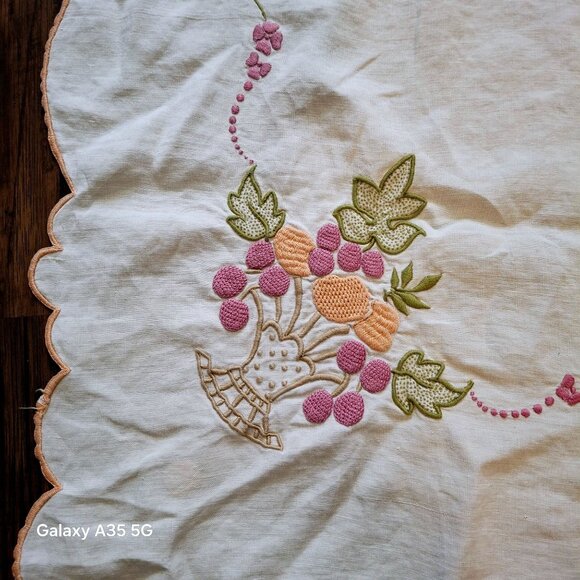 Vintage Embroidered Floral Tablecloth With Scalloped Edges 30 x 33 inches - Picture 4 of 5
